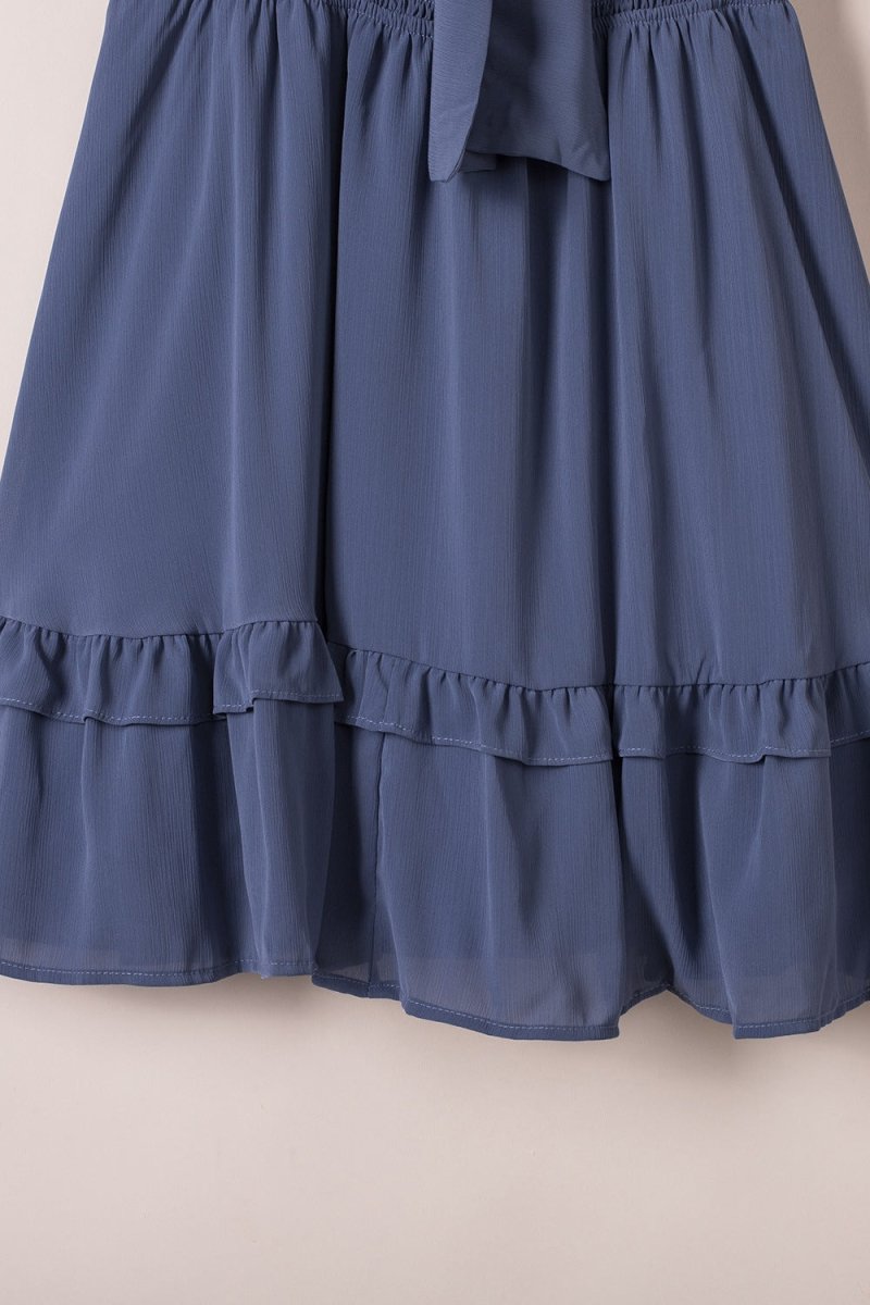 Bow-Tie V-Neck Ruffle Hem Mini Dress