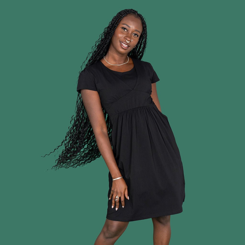 Black Cotton Breastfeeding Dress | Discreet Nursing Access | Sizes 6-24