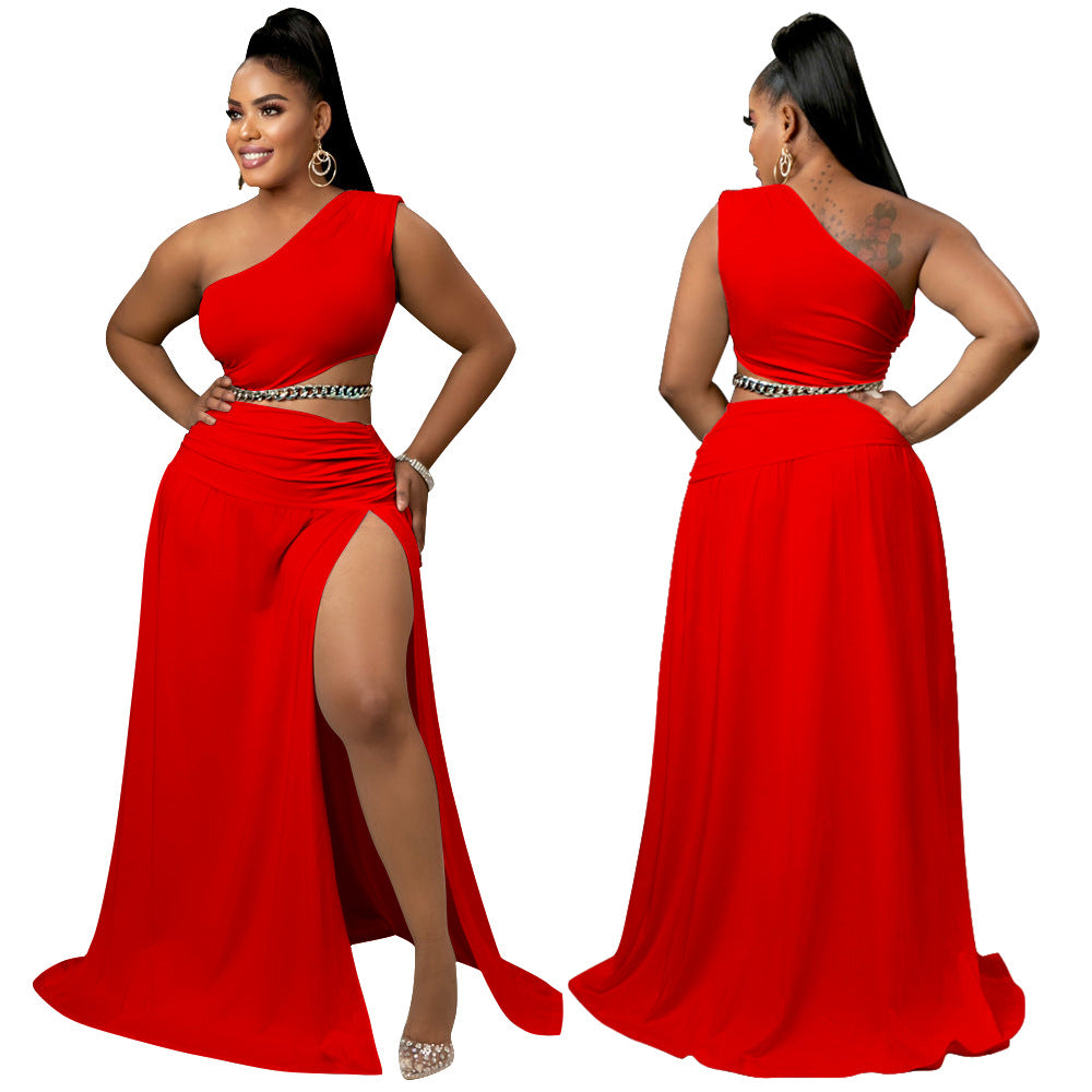 Solid-color Off-the-shoulder Sexy Bodycon Two-piece Set