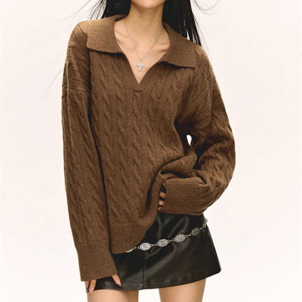 Lapel Twisted Pullover Sweater For Women