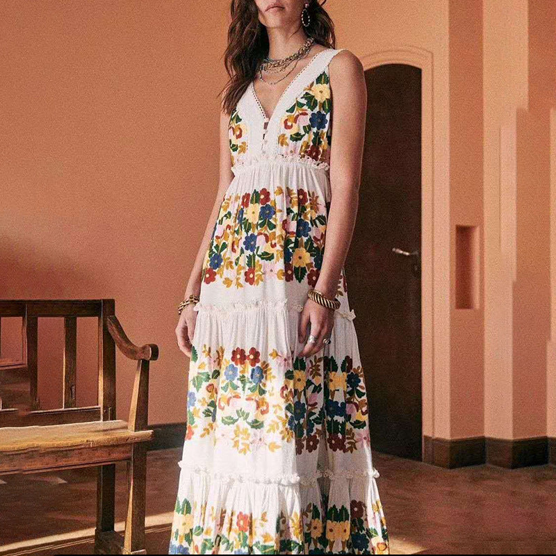 European And American Printed Ruffles Dress Summer New V-neck Sleeveless Patchwork Long Dress Women