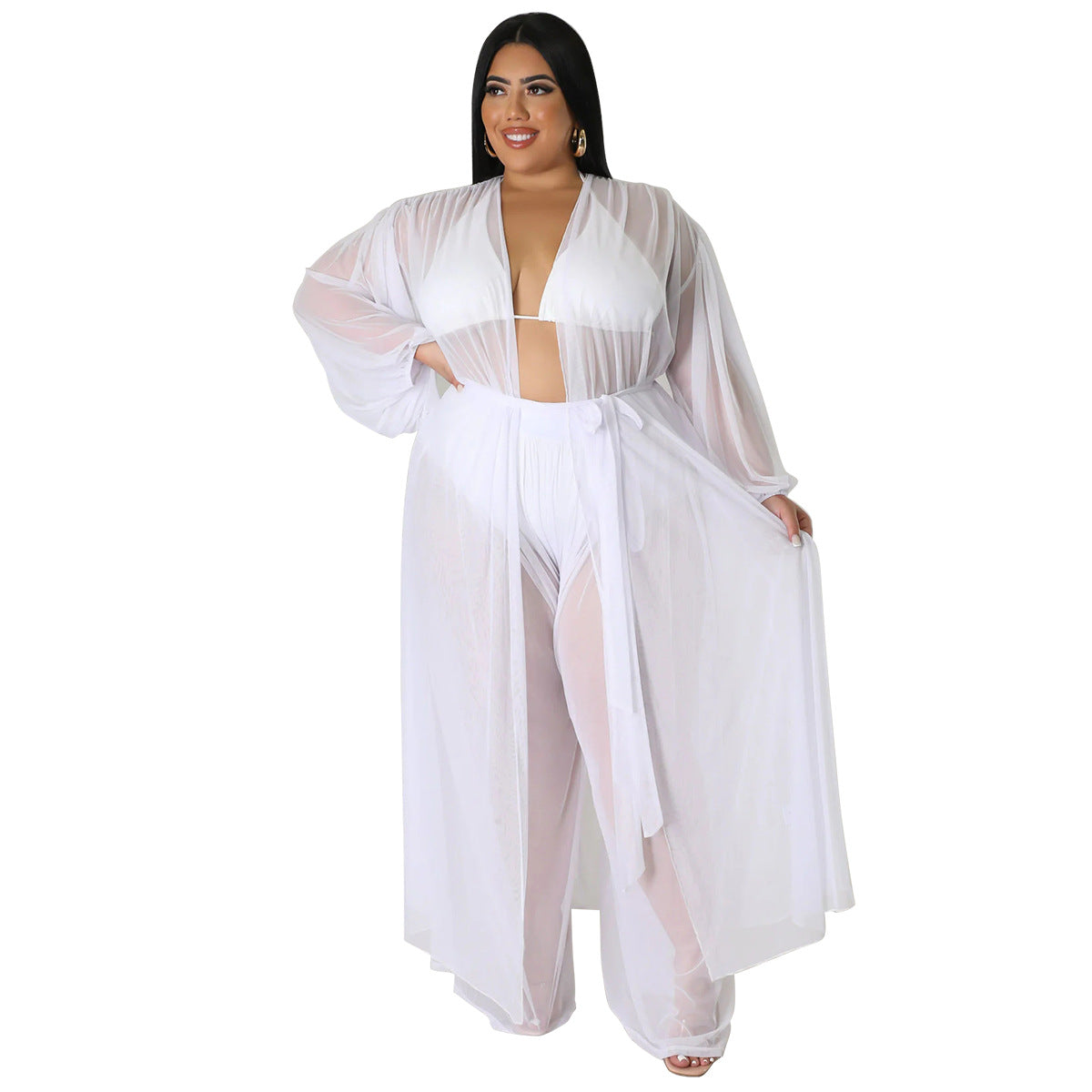 Women's Solid-Color Batwing-Sleeve Sexy Sheer Top And Pants Plus-Size Two-Piece Set