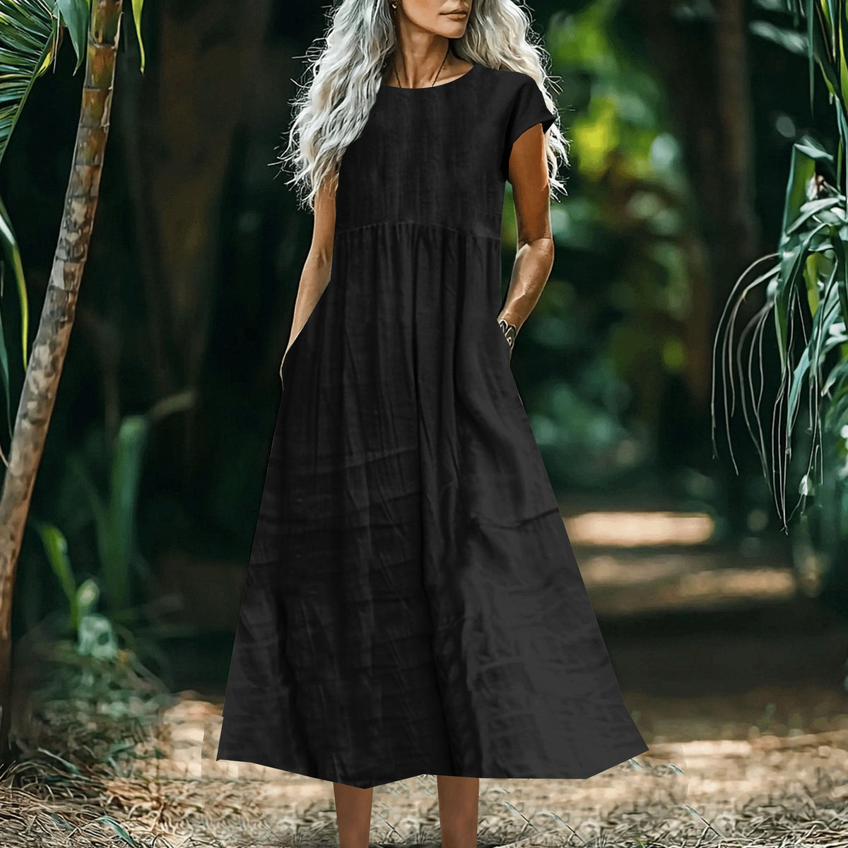 Women's Solid-Color Loose-Fitting All-Match Cotton-Linen Dress With Pockets