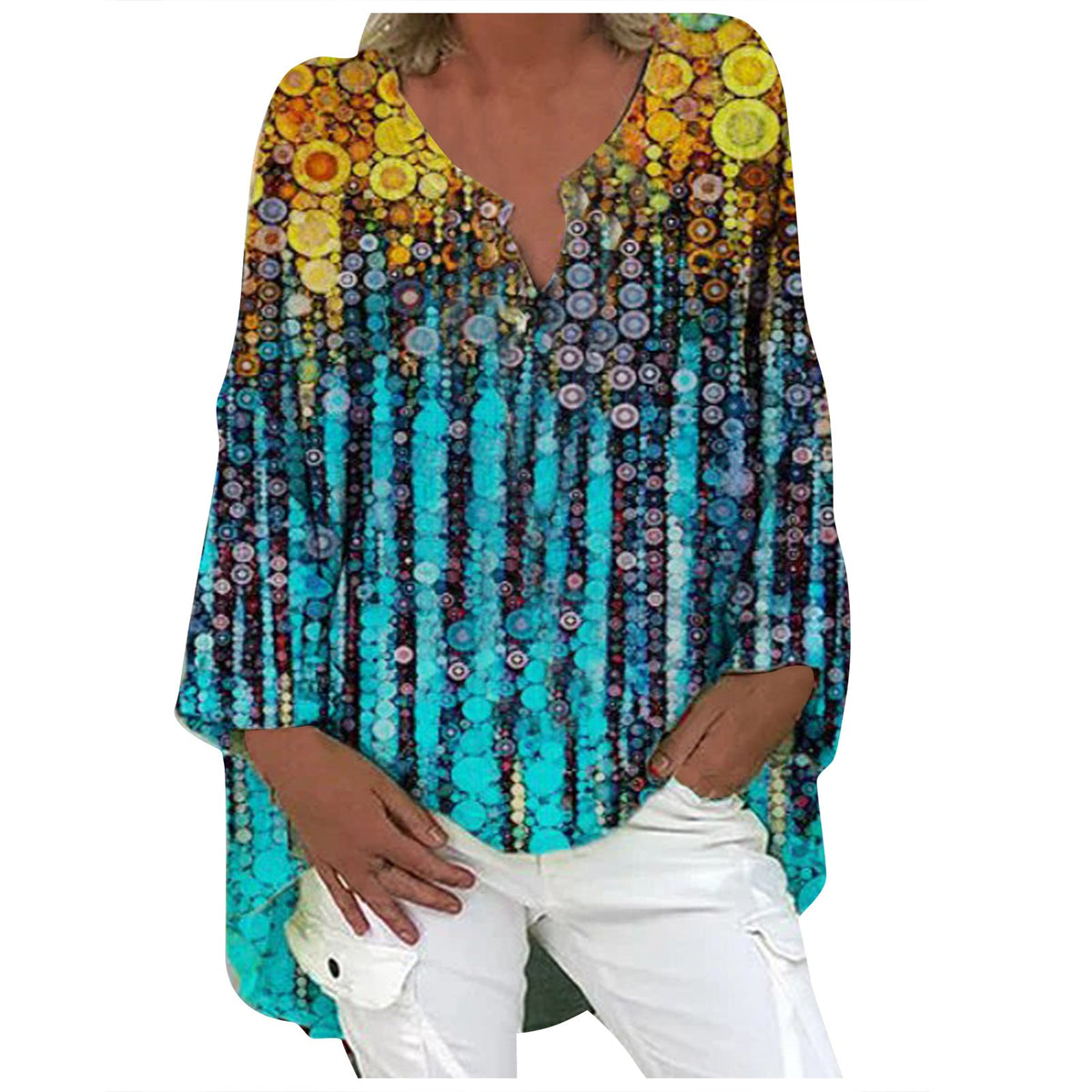 Printed Patchwork V-neck Long Sleeve Plus Size Dress