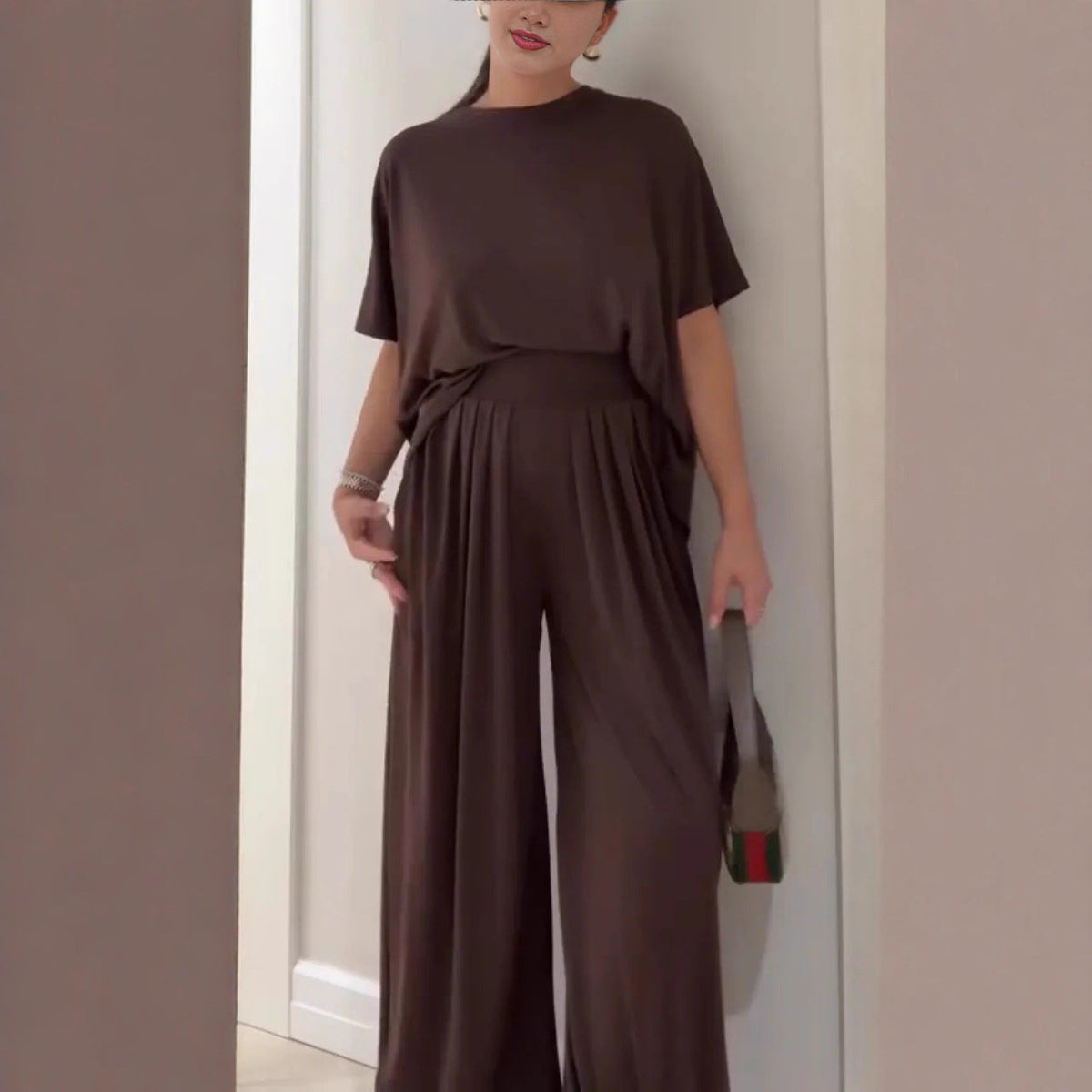 Solid Color Casual Loose Round Neck Wide Leg Pants Women's Suit
