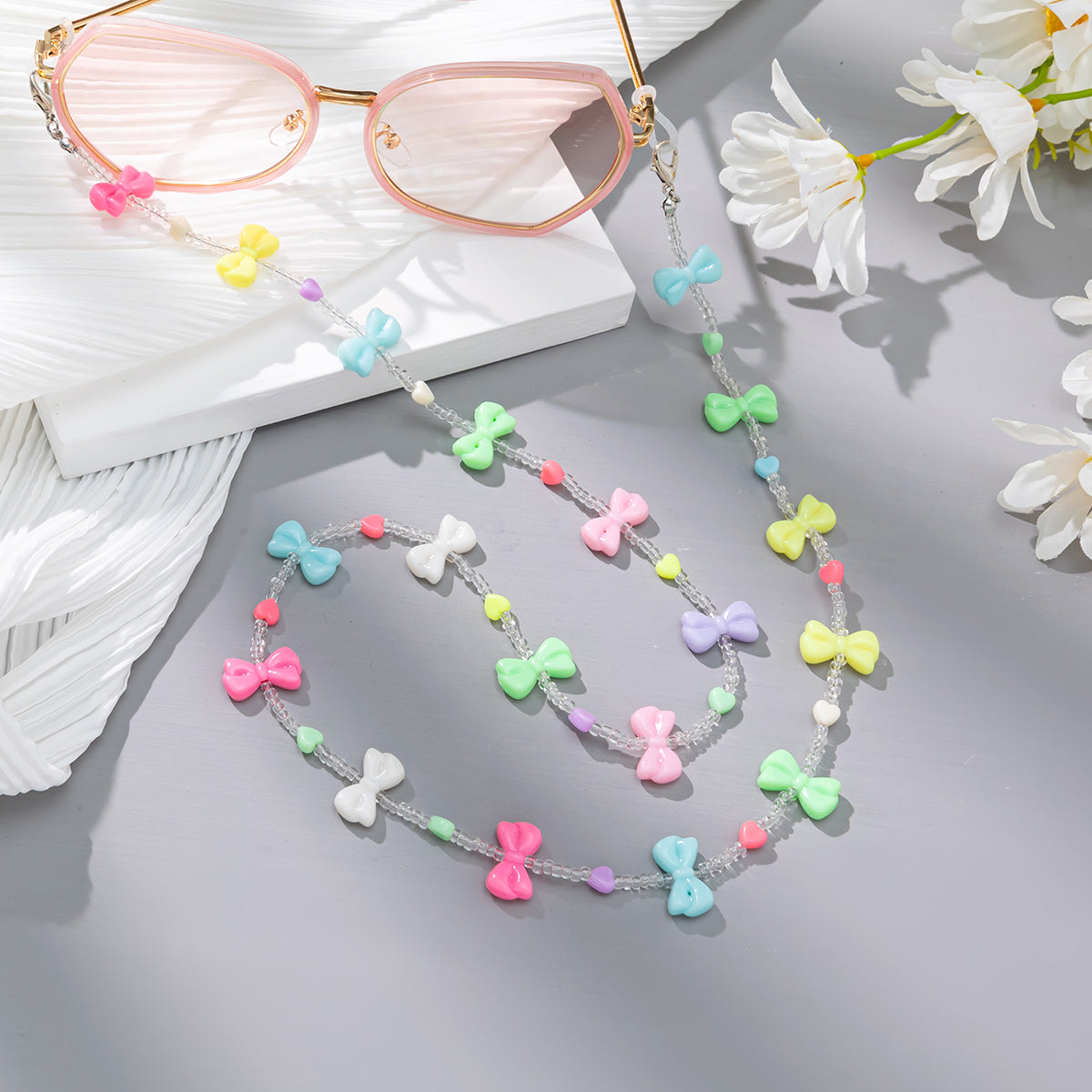 Candy-colored Acrylic Pearl Eye Pendant Chain, Butterfly Five-pointed Star Heart Neck Pendant Glasses Chain