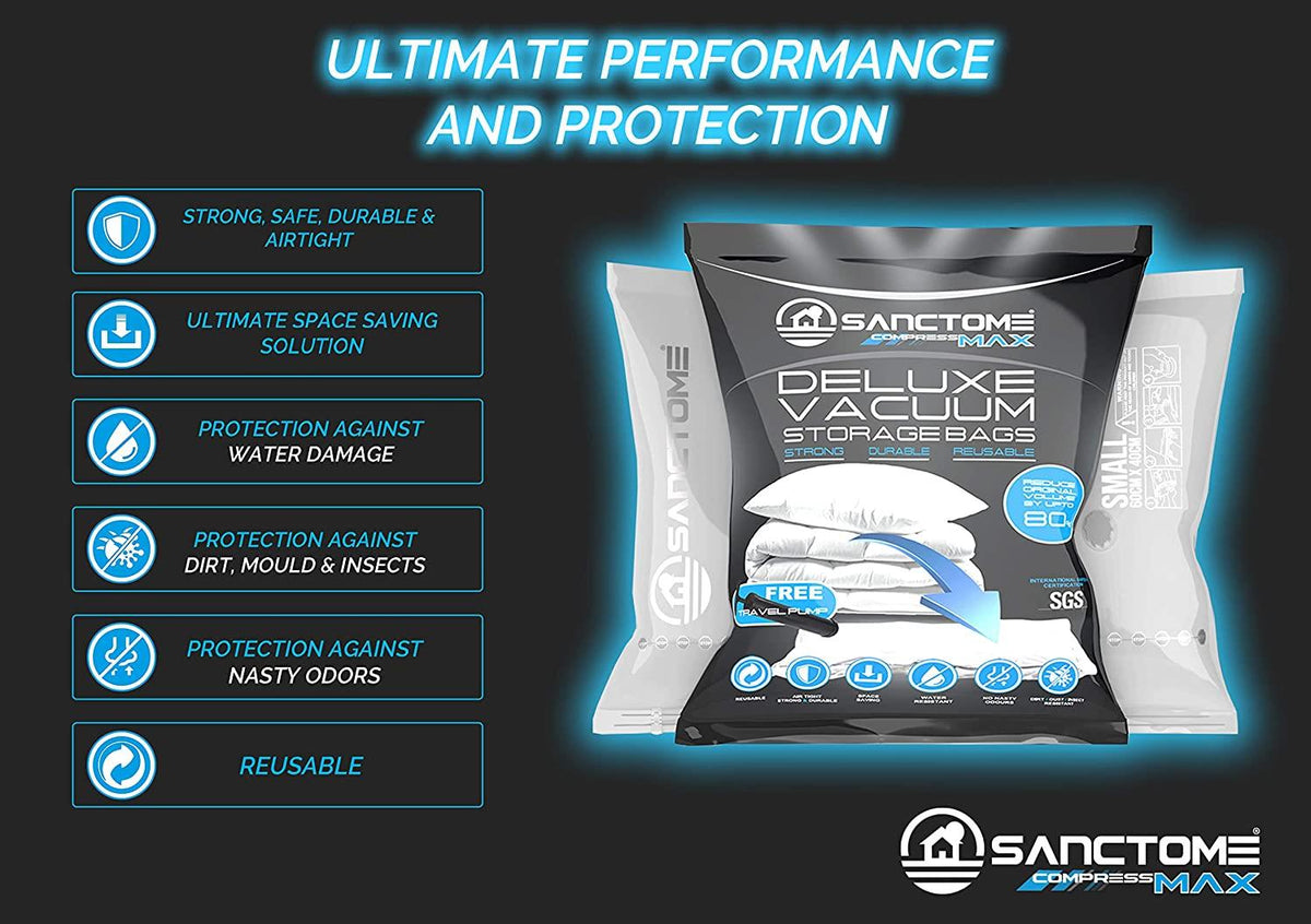SANCTOME Pack of 6 Medium Deluxe Vacuum Storage Bags With Travel Hand Pump