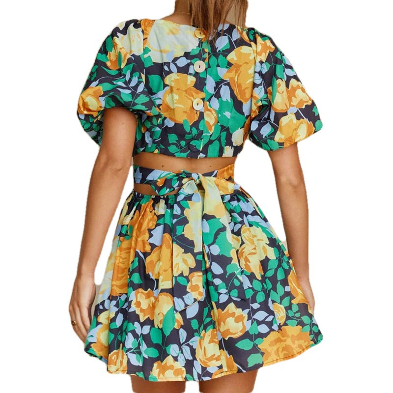 Women's V-Neck Cutout Backless Lantern Sleeve Dress