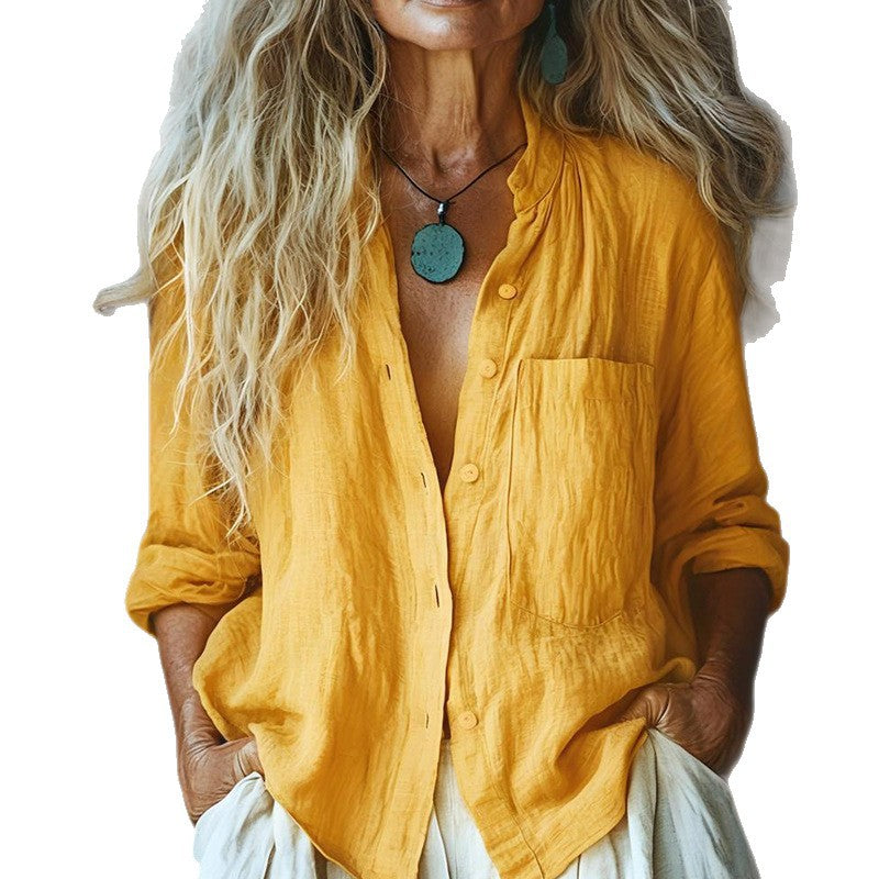New Solid-color Casual Loose-fitting Long-sleeve Versatile Cardigan Cotton-linen Top