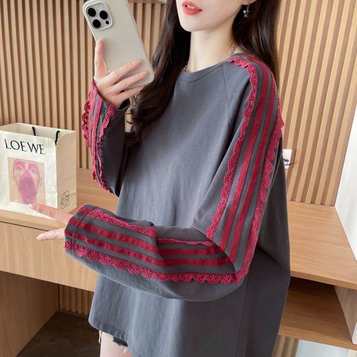 Solid Color Stitching Lace Lacework Round-neck T-shirt Women's Brushed Top