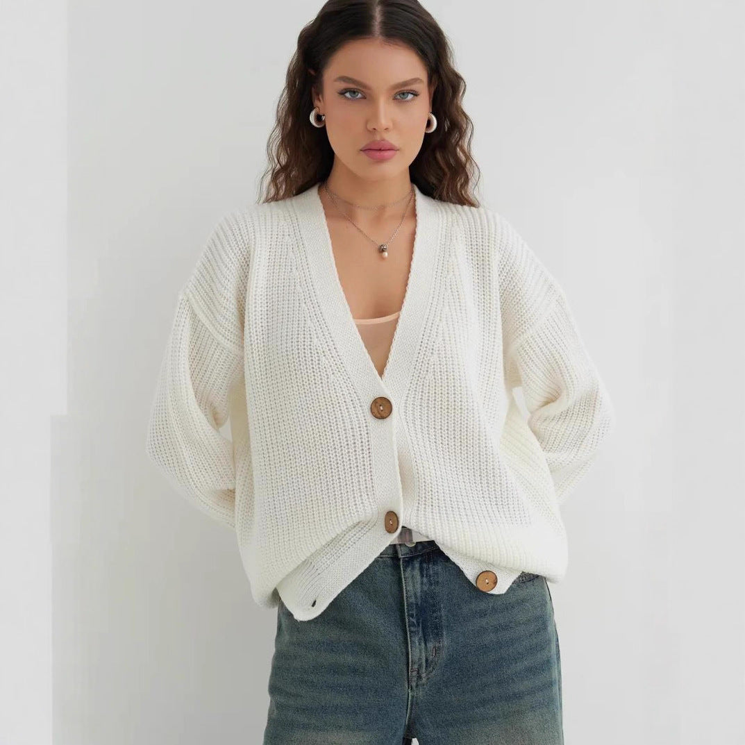 Autumn And Winter Loose Solid Color Knitted Sweater For Women Idle Style