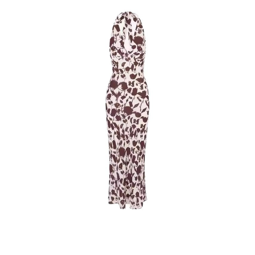 French Vest Printed Midi Skirt Summer New Elegant Backless V-neck Halter Dress Women