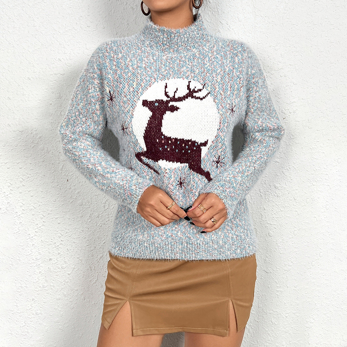 Women's Casual Christmas Half-Neck Pullover Jacquard Top