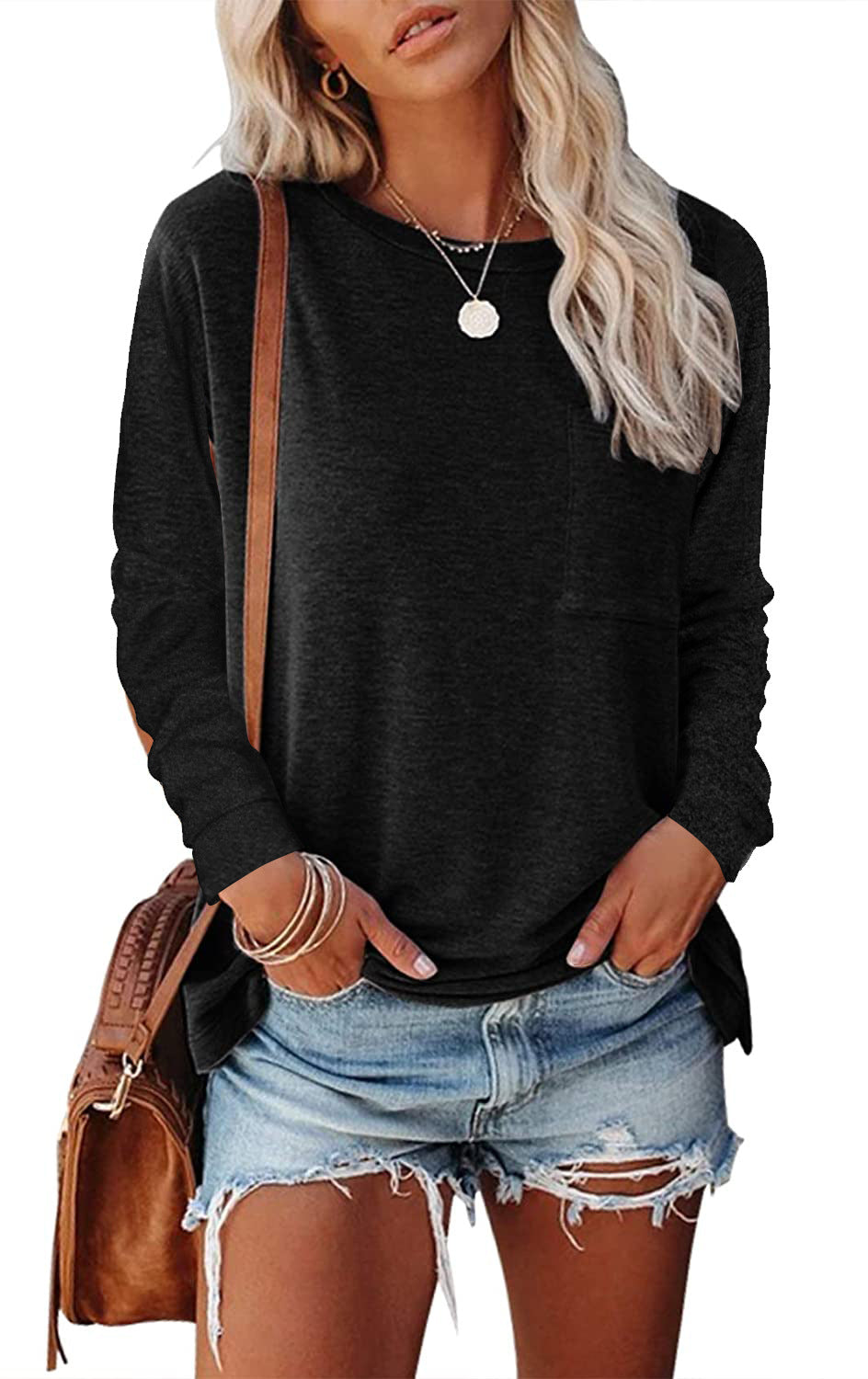 Women's Pocket Split Long Sleeve T-Shirt | Casual Round Neck Layering Top