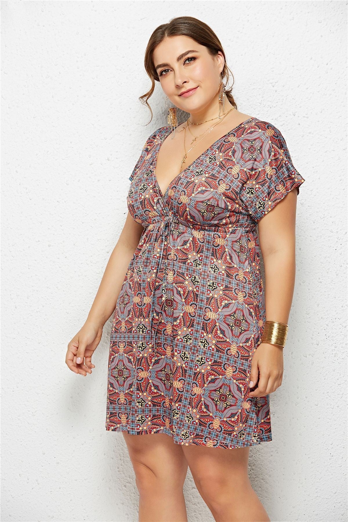 Women Summer Print Dress Casual Deep V Neck Beach