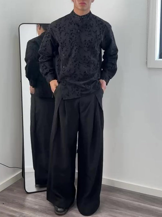 Black Jacquard Mandarin Collar Top With Asymmetric Button Placket