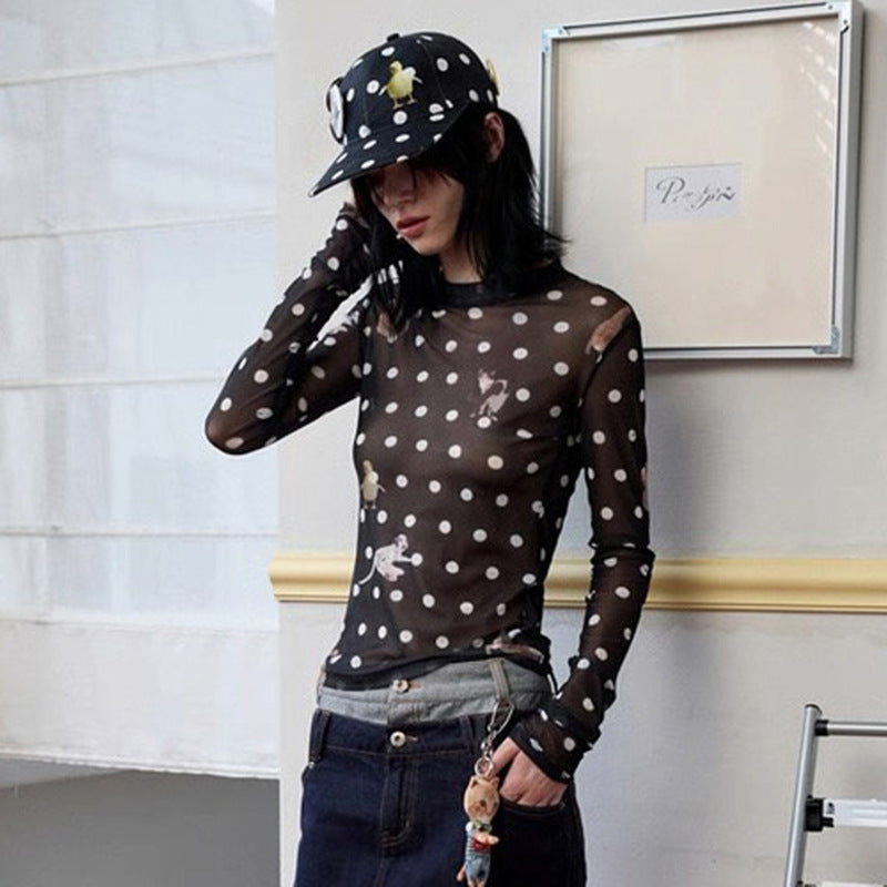 Versatile Animal And PolkaDot Printed Cropped LongSleeve Top With A Defined Waist