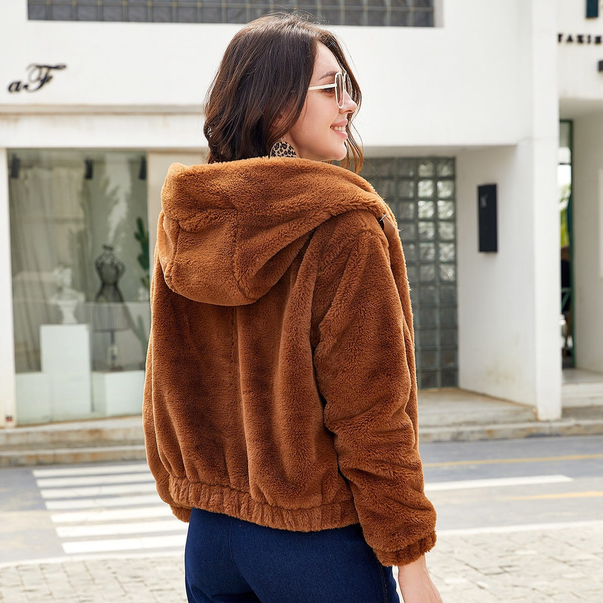Plush Coat Hooded Long Sleeve Warm-keeping Cotton Clothing Short Top For Women