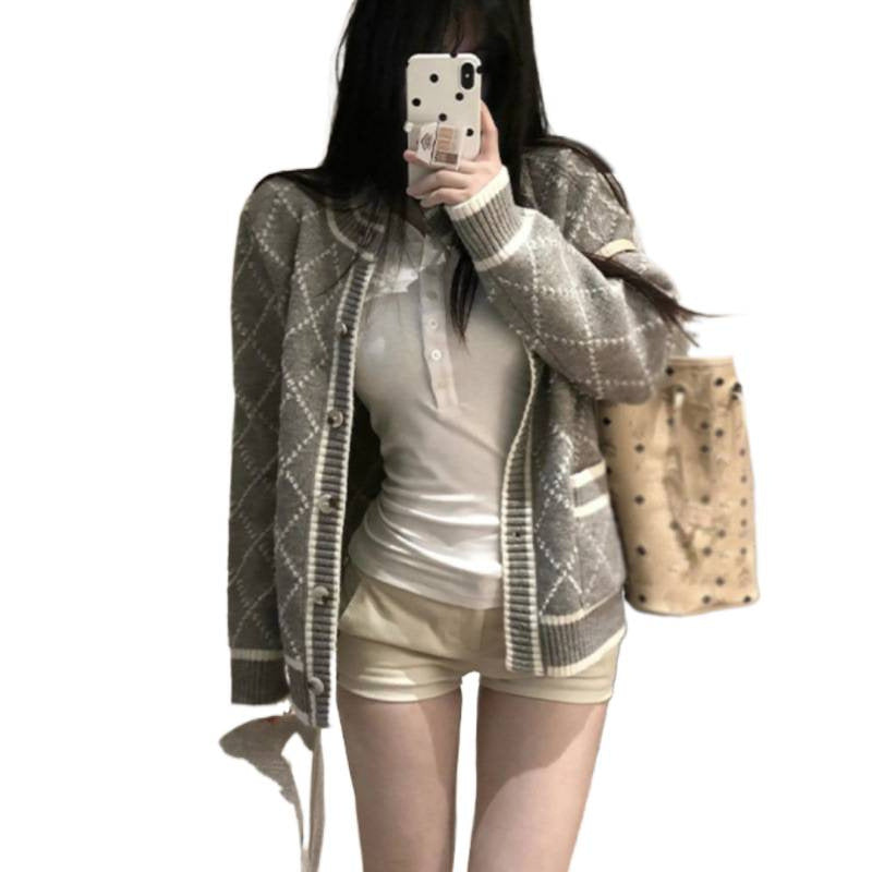 Rhombus Sweater Coat Women's Mid-length Gray Knitted Cardigan