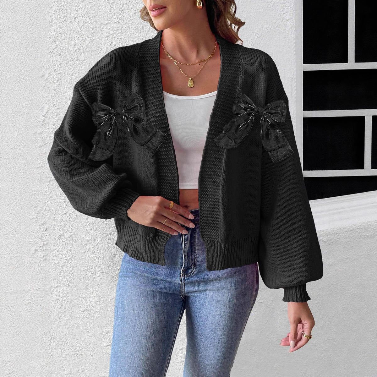 Women's Ribbon Bow Stitching Personality Sweater Coat
