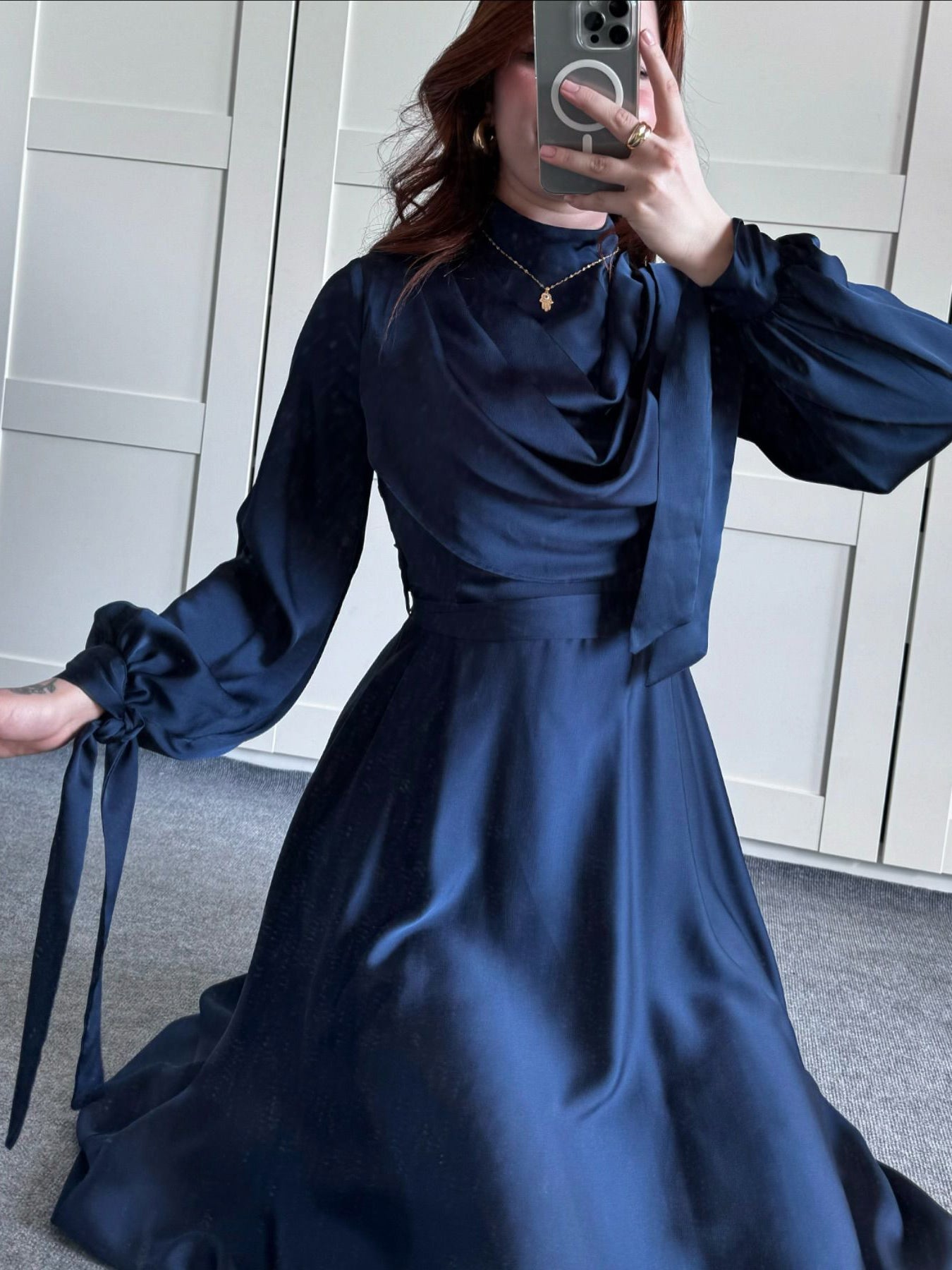 Satin Plunge Neck Long Sleeve Maxi Dress | Evening Gown