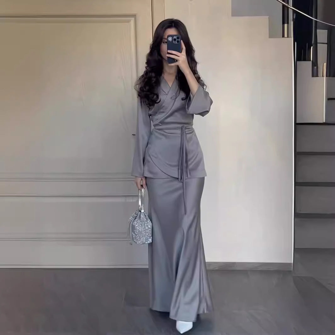 Fashion Satin Patchwork Long Dress Suit Women
