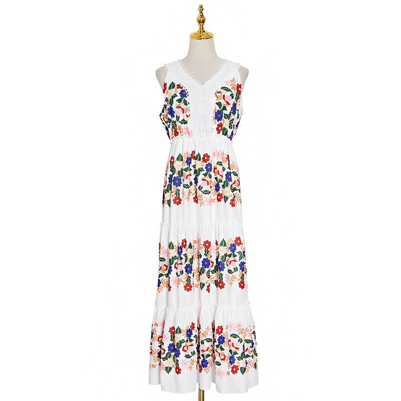 European And American Printed Ruffles Dress Summer New V-neck Sleeveless Patchwork Long Dress Women