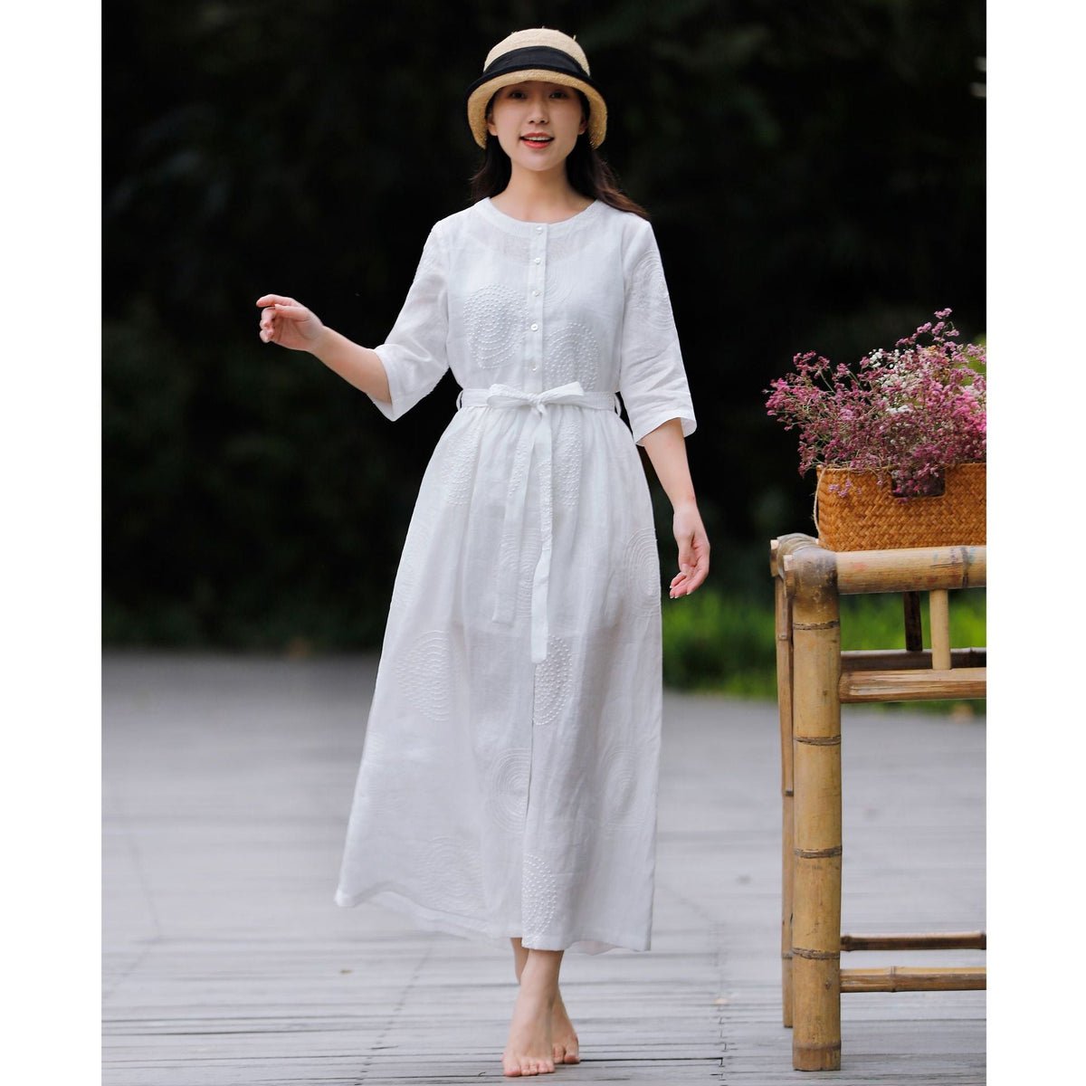 Spring And Summer Literary Leisure Round Neck Linen Embroidered Dress Women