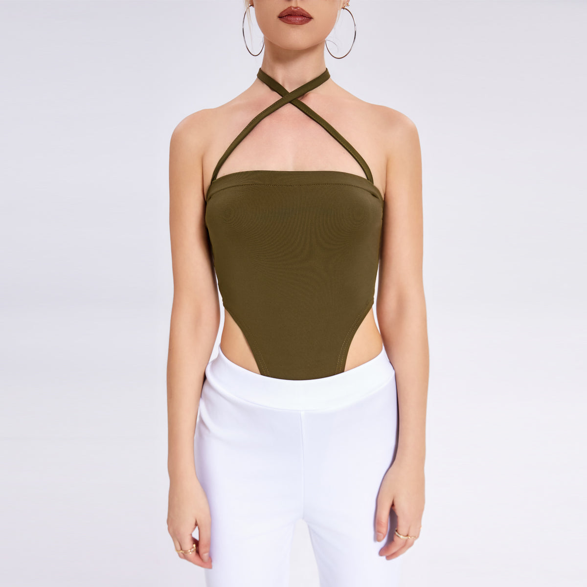 Fashion New Women’s One -word Collar Hanging Neck Band -lap Background Bodsuit