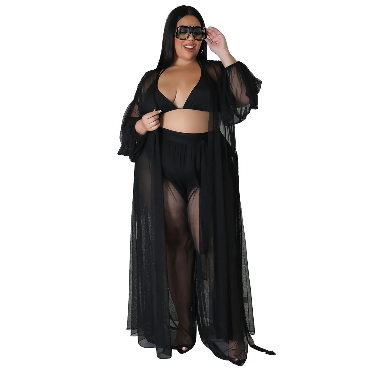 Women's Solid-Color Batwing-Sleeve Sexy Sheer Top And Pants Plus-Size Two-Piece Set