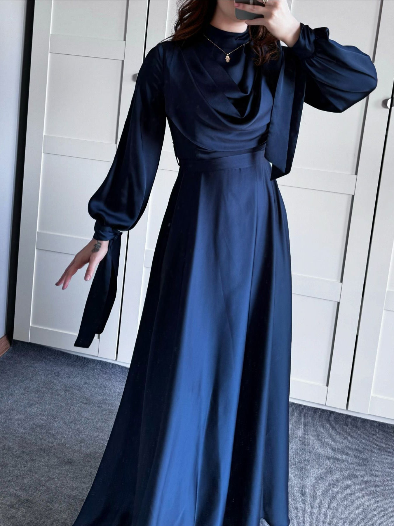 Satin Plunge Neck Long Sleeve Maxi Dress | Evening Gown