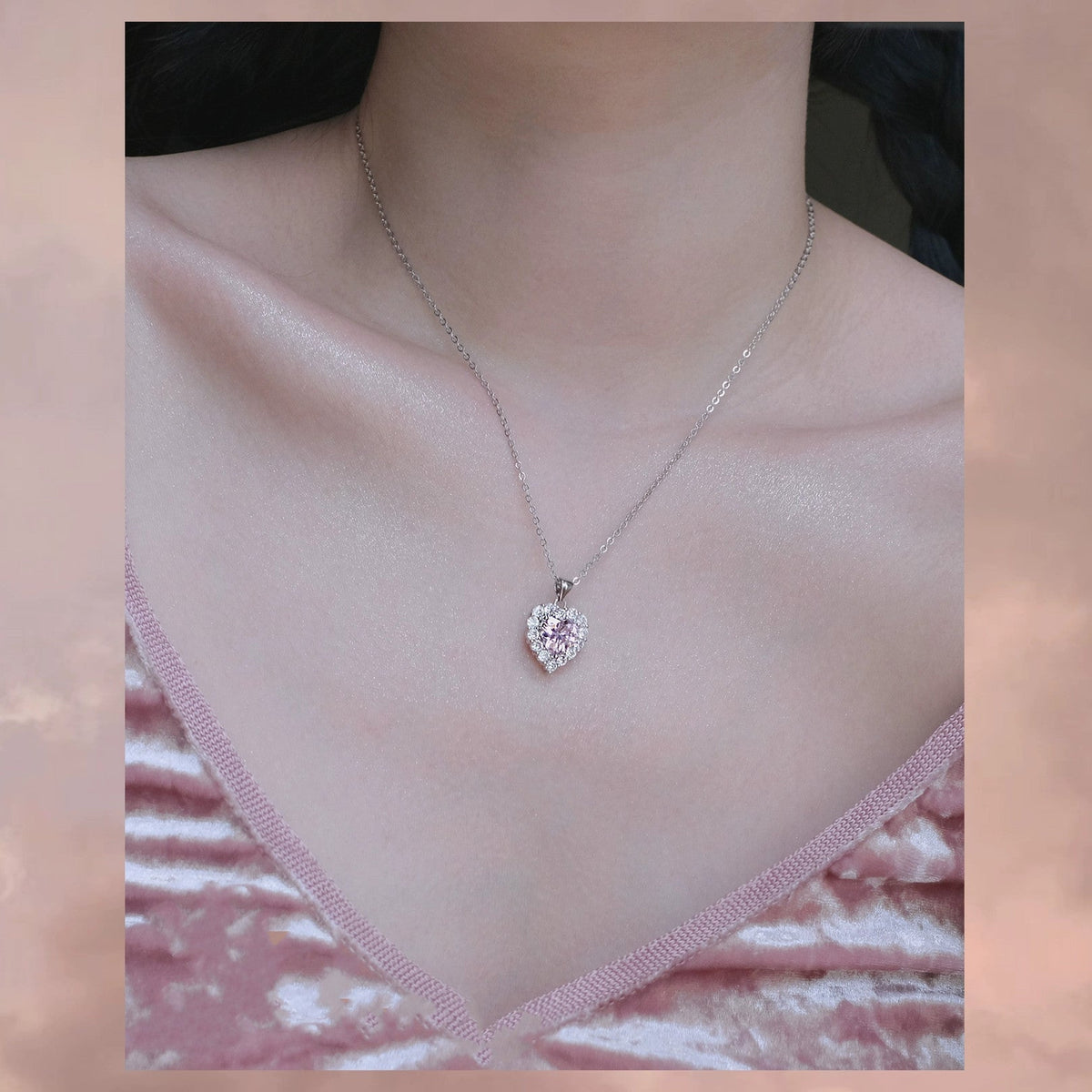 Love Heartbeat Pink Love Zircon Earrings Necklace Set Qixi Valentine's Day Gift For Girlfriend