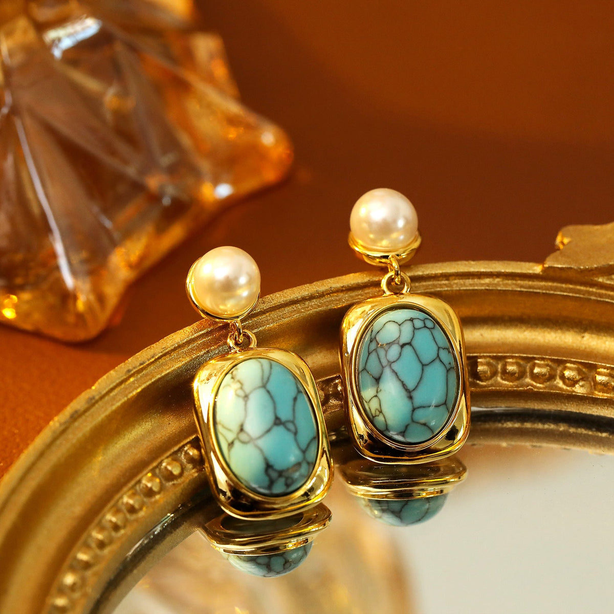 French Vintage Oval Turquoise Pearl Earrings