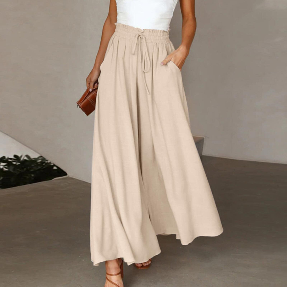 Women's Fashion Wide Leg Elastic Waistband Wide Leg High Waist Long Dress Pants