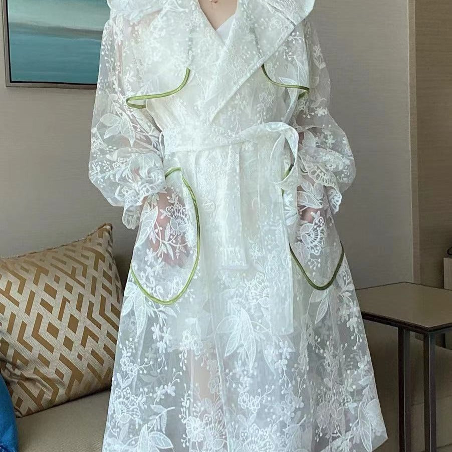 Lace Trench Coat New Style Hooded Embroidery Lantern Sleeve Over The Knee Coat Mid-length Sun Protection Clothing