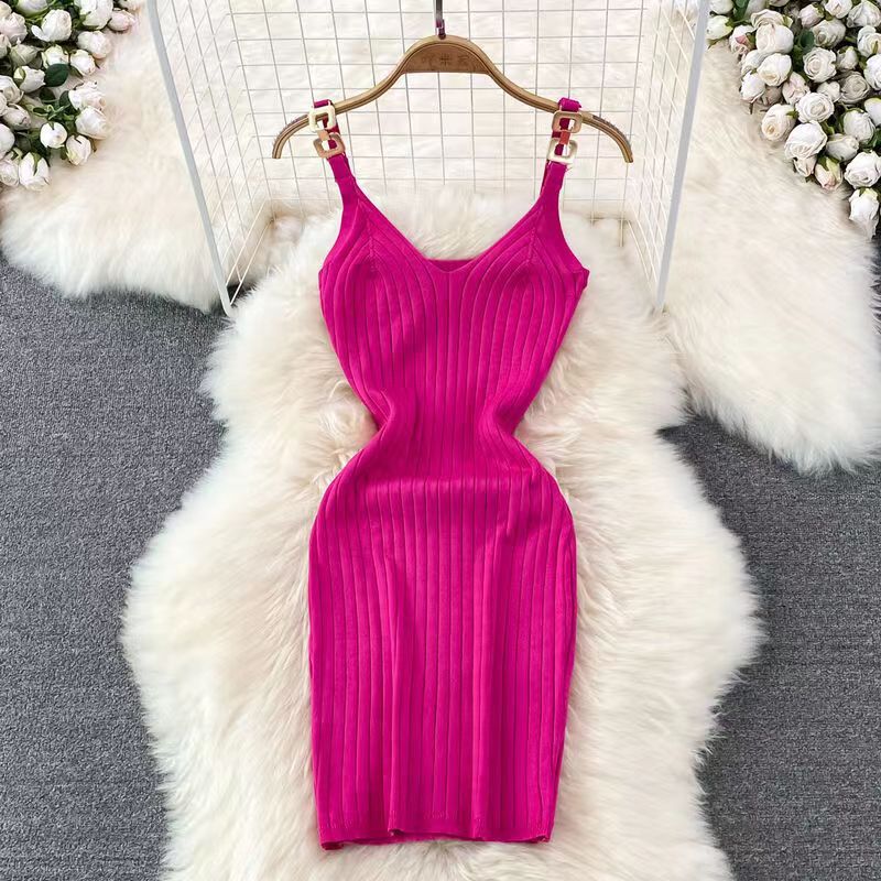 Metal Decorative Sling Woolen Skirt Slimming Hip Knitwear Dress