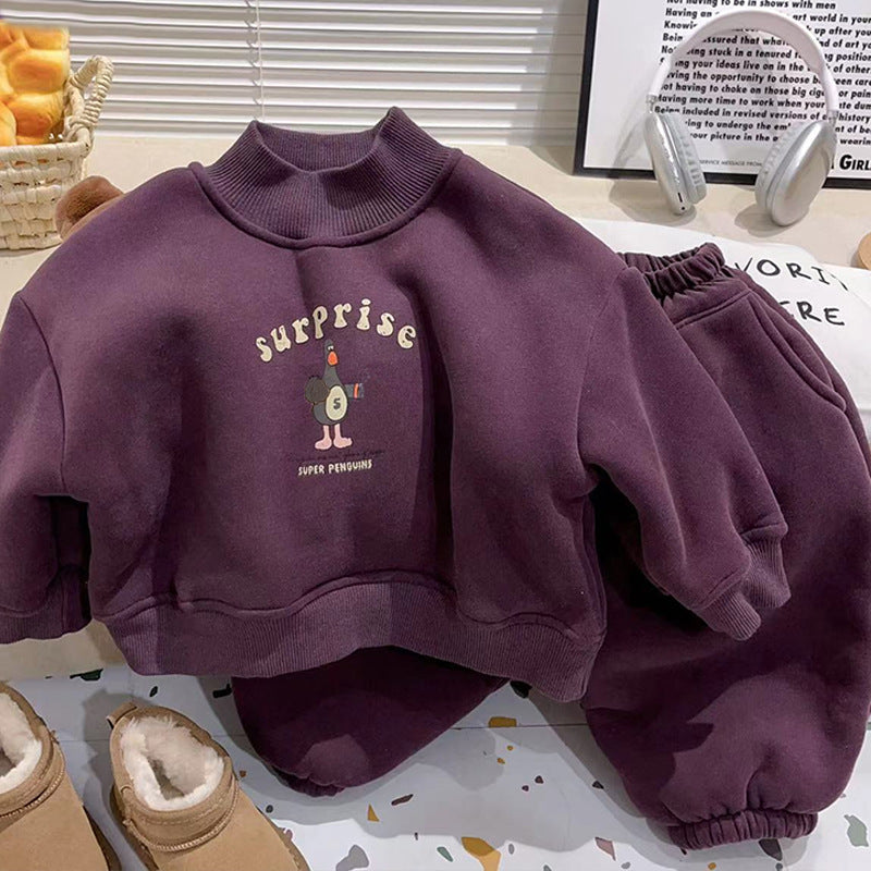 Winter Children's Fleece-Lined Warm Hoodie Set