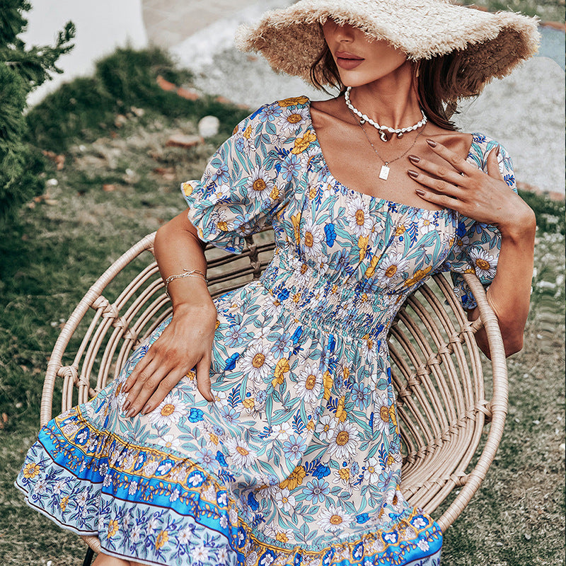 Square Neck Backless Short Sleeve High Waist Print Dress