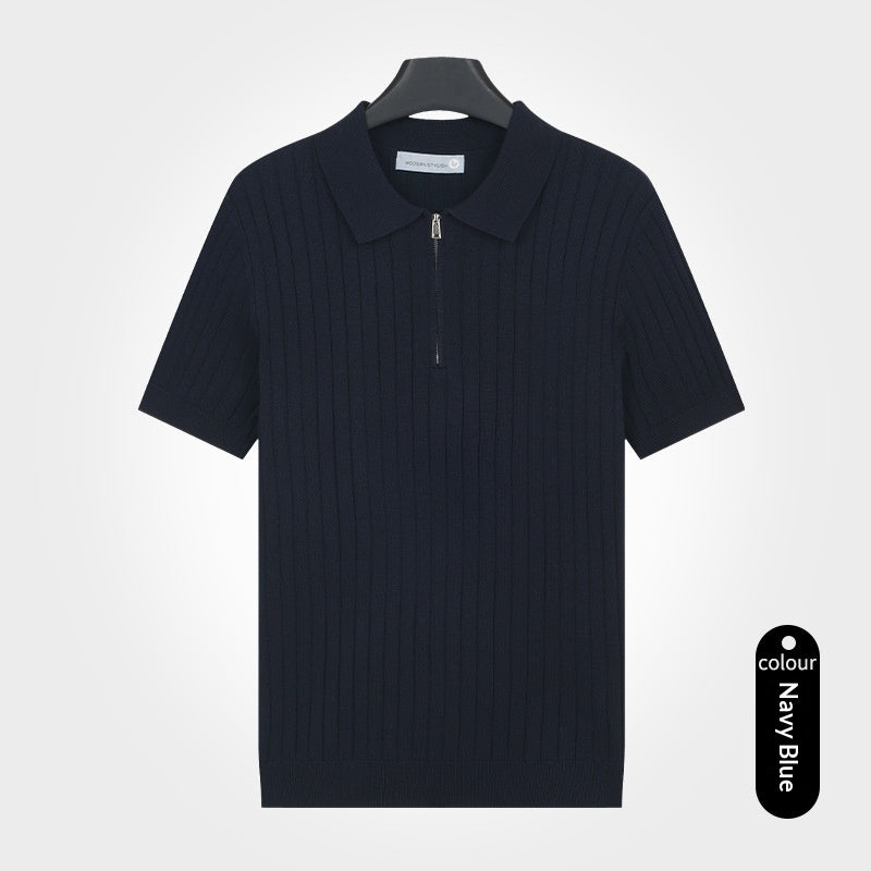 Old-money-style Lapel Zip-up Short-sleeve T-shirt Knit Sweater