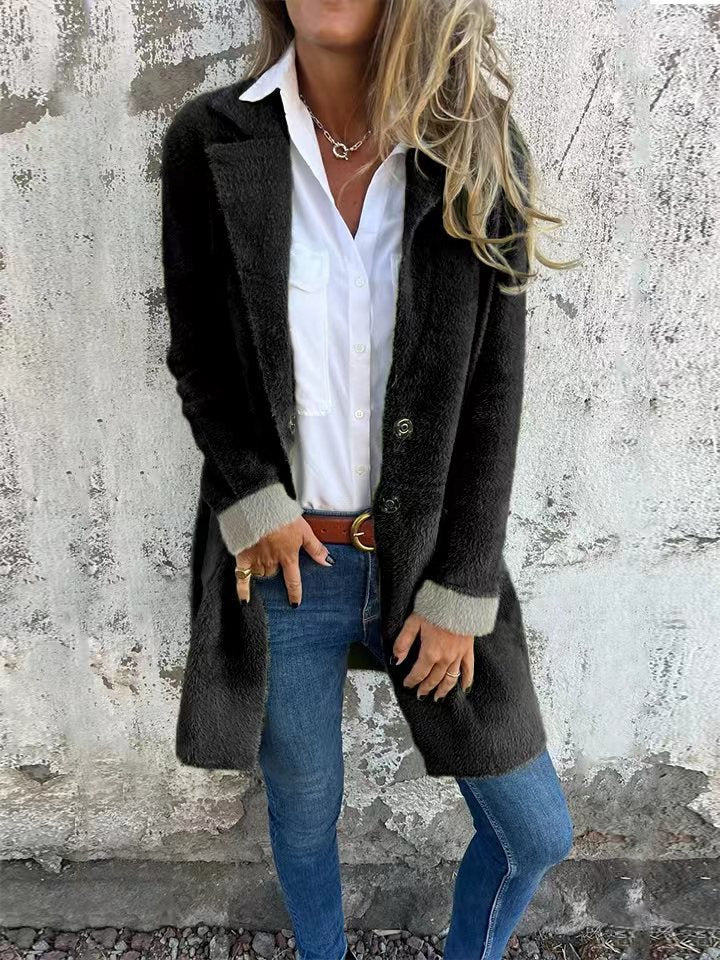 Polo Collar Pocket Cardigan Single-breasted Mid-length Plush Coat