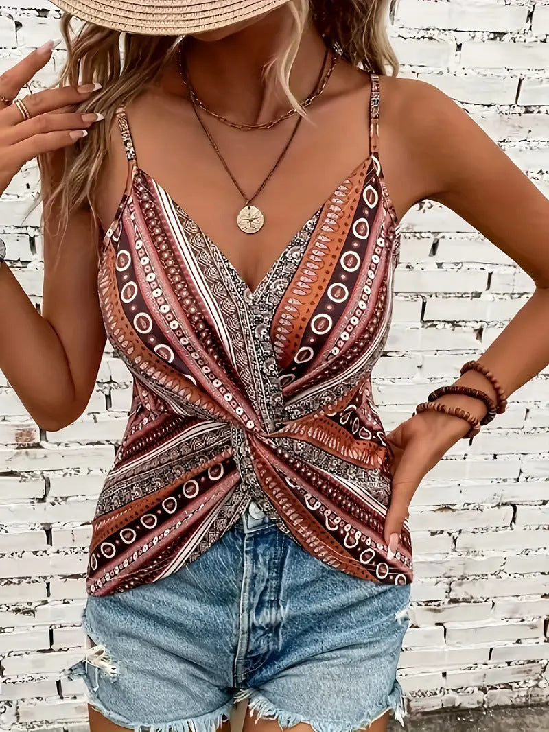 New European And American-style Ethnic Retro Italian Spaghetti Chain Print Knotted Sexy V-neck Camisole