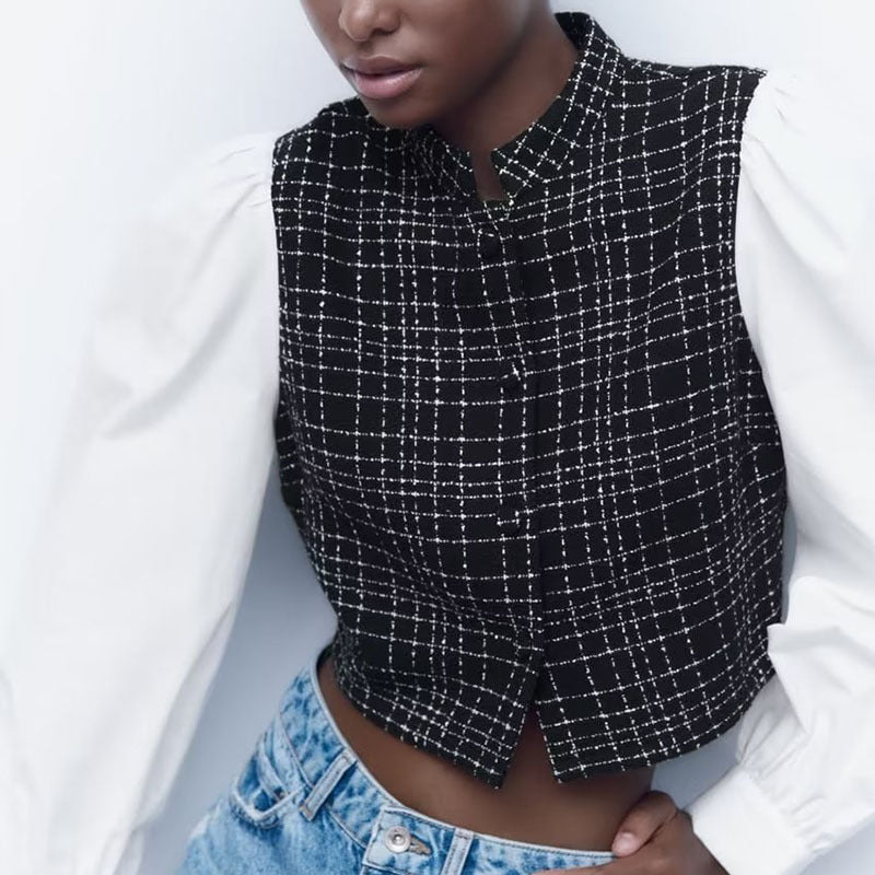 Women's Black And White Long Sleeved Patchwork Shirt