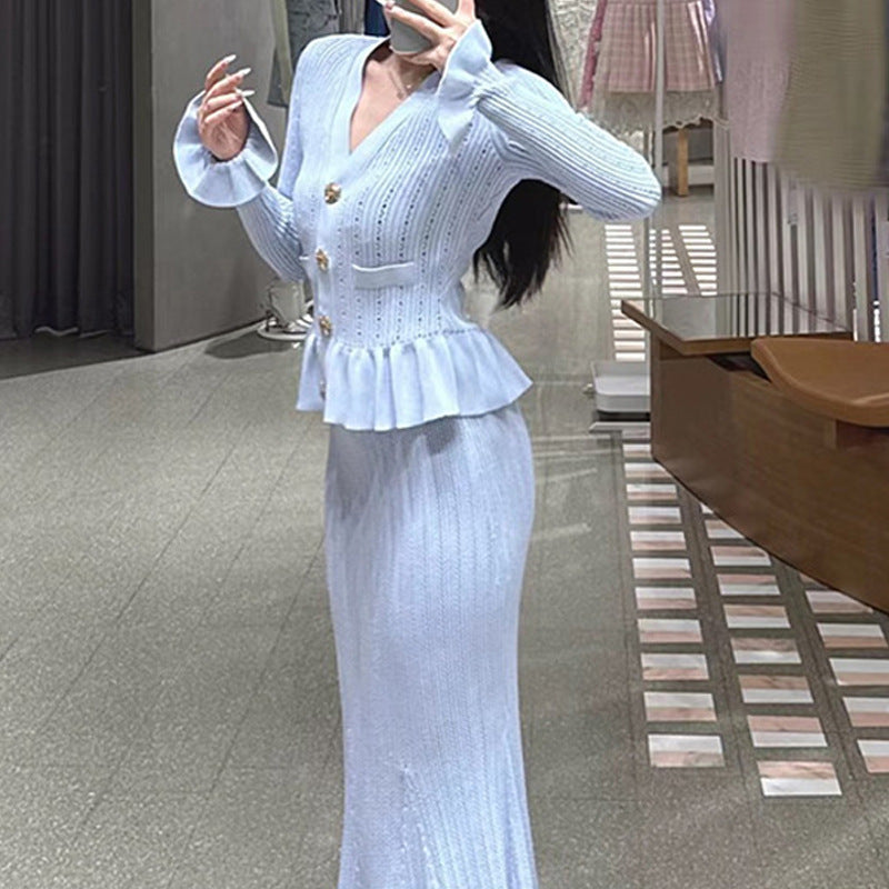 Female V-neck Ruffled Long Sleeved Patchwork Dress