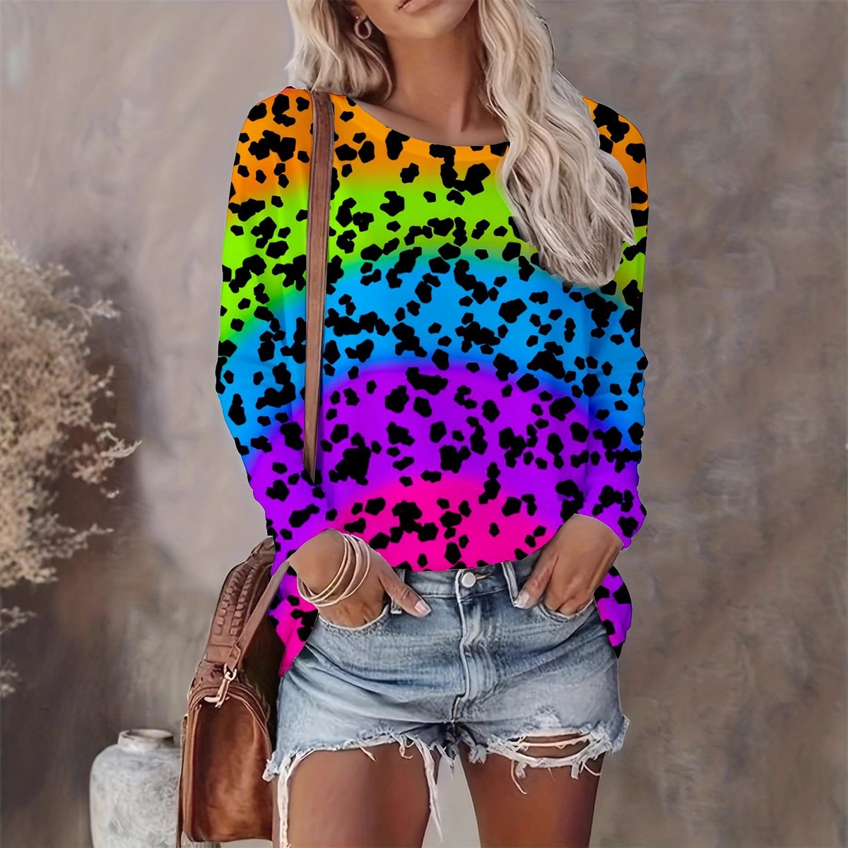 Leopard Stripe Print Casual Round Neck Long Sleeves