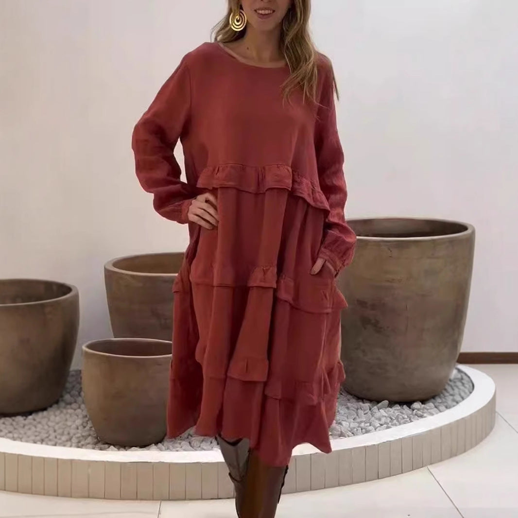 Women's Long Sleeve Patchwork Round Neck Ruffles Dress