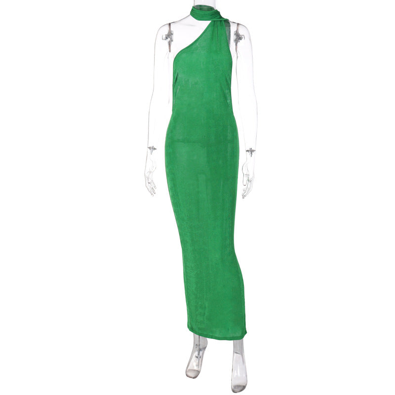 Solid Color Lace Up Neck   Backless Slim Fit Dress