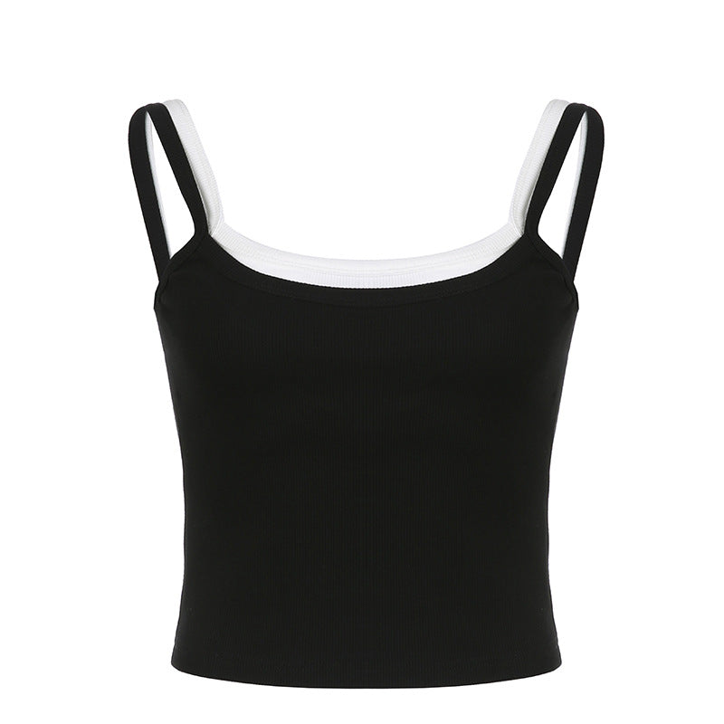 Black And White Color Contrast Patchwork Slim Strap Top
