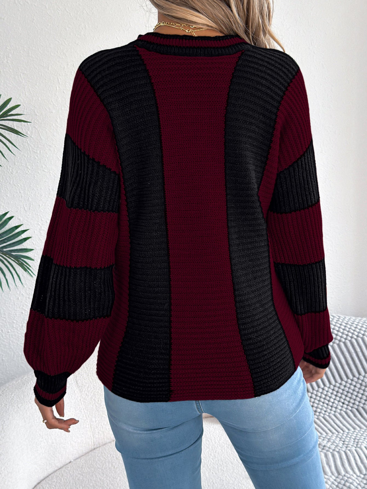 Women Casual Color Block Stripe Lantern Sleeve Pullover Sweater