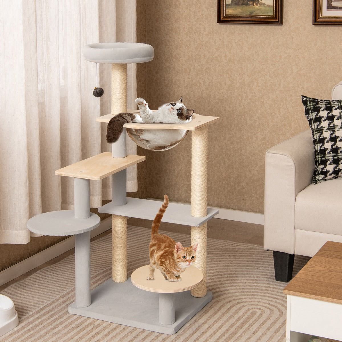 113 cm Multi-level Cat Tower with Removable Padded Top Perch-Natural