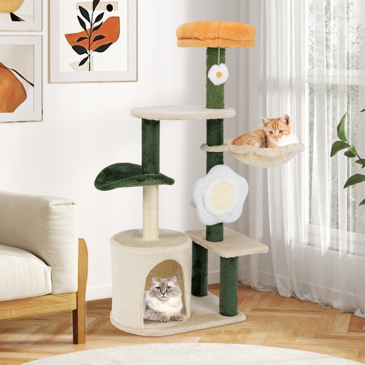 114CM Tall Cute Flower Multi-level Cat Tree with Sisal Post and Pad-Multicolor